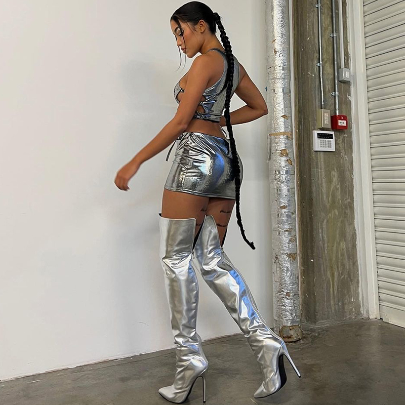 Silver thigh hotsell high boots outfit